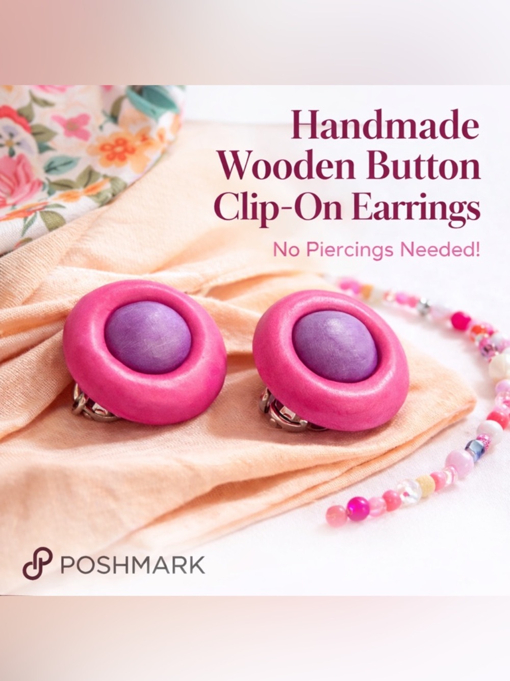 ☀️☀️2/$10 Vintage Pink and Purple Painted Wood Button Clip Back Clip On Earrings - Picture 9 of 9